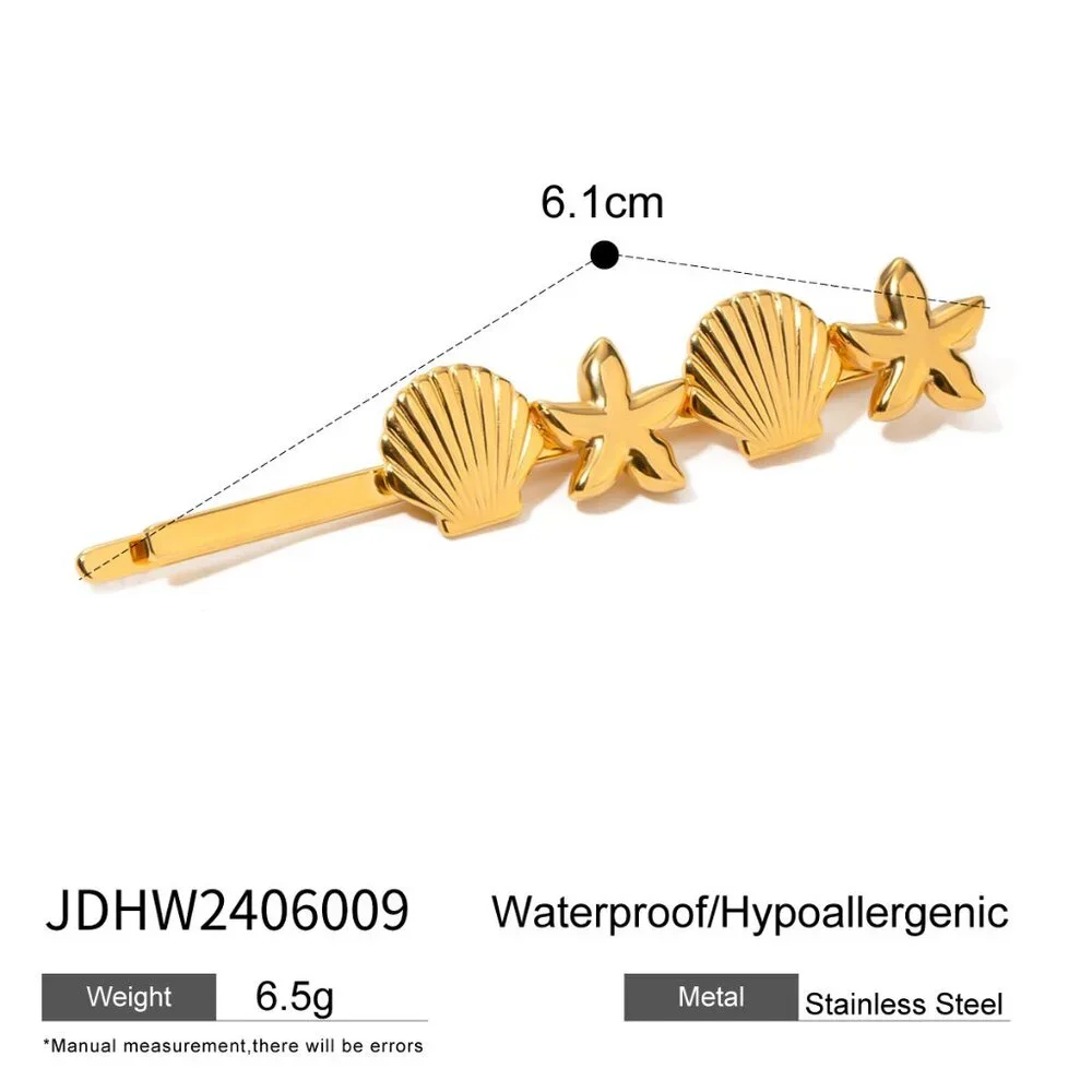 18K Gold Plated Stainless Steel Shell Starfish Barrette Coastal Beach Bobby Pin